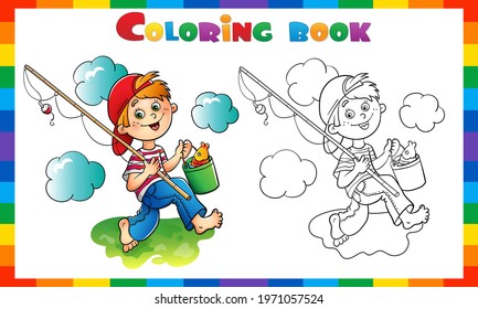 Coloring Page Outline of cartoon Boy with fishing rod. Coloring Book for kids.
