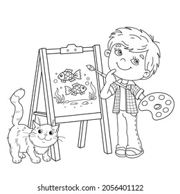 Coloring Page Outline Of cartoon boy with brush, paints and cat. Little artist at the easel drawing color fishes. Coloring book for kids