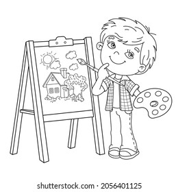 Coloring Page Outline Of cartoon boy with brush and paints. Little artist at the easel drawing cute house. Coloring book for kids