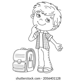 Coloring Page Outline Of Cartoon Boy With Satchel. Little Student Or Schooler. School. Coloring Book For Kids