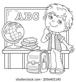 Coloring Page Outline Of cartoon boy with school supplies. Little student or schooler with globe, books and satchel. School. Coloring book for kids