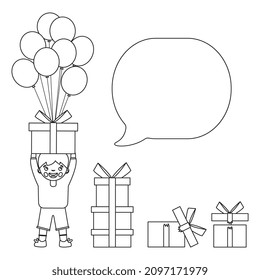 Coloring Page Outline Of cartoon boy with a gifts at the holiday. Birthday. Coloring book for kids