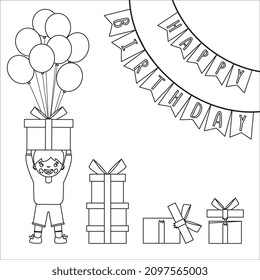 Coloring Page Outline Of cartoon boy with a gifts at the holiday. Birthday. Coloring book for kids