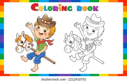 Coloring Page Outline Of cartoon Boy playing cowboy with toy horse. Coloring book for kids.