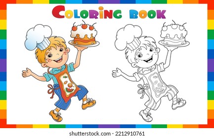 Esquema de la página de color del niño de dibujos animados chef con pastel o pastel. Pequeño cocinero o escullón en delantal y sombrero de chef. Profesión. Libro de Colores para niños.