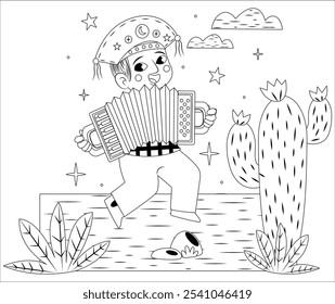 Coloring Page Outline Of cartoon Boy playing the accordion. Musical instruments. Coloring book for kids. Boy playing accordion. Vector illustration. Coloring page. 137