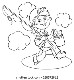 Coloring Page Outline Of A Cartoon Boy  fisherman with a fishing rod and catch 
