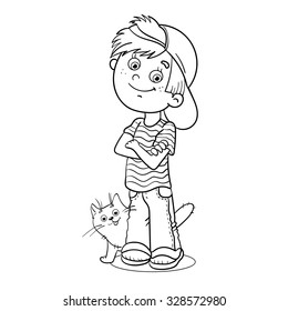 Coloring Page Outline Of a Cartoon Boy with his cat