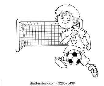 Coloring Page Outline Of A Cartoon Boy With A Soccer Ball And Football Goal