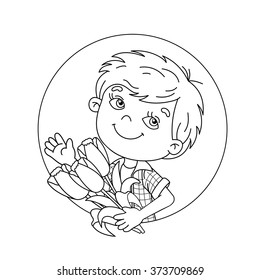 Coloring Page Outline Of cartoon boy holding a bouquet of Tulips. Coloring book for kids