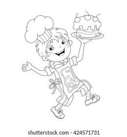 Coloring Page Outline Of cartoon Boy chef with cake. Coloring book for kids