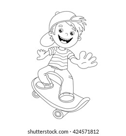 Coloring Page Outline Of cartoon Boy on the skateboard. Coloring book for kids