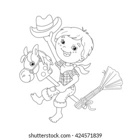 Coloring Page Outline Of cartoon Boy playing cowboy with toy horse. Coloring book for kids