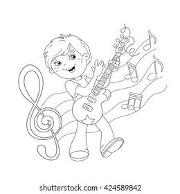 Coloring Page Outline Of cartoon boy playing guitar on stage with melody and music. Coloring book for kids
