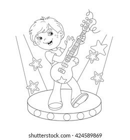 Coloring Page Outline Of cartoon boy playing guitar on stage. Coloring book for kids