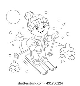 Coloring Page Outline Of cartoon boy riding on skis. Winter sports. Coloring book for kids