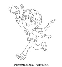 Coloring Page Outline Of cartoon boy with toy plane. Coloring book for kids