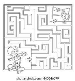 Coloring Page Outline Of cartoon Boy on the skateboard. Labyrinth. Puzzle for kids