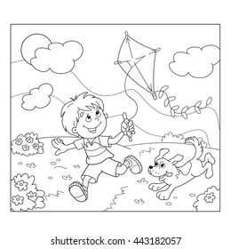 Coloring Page Outline Of cartoon boy running with kite with dog. Coloring book for kids