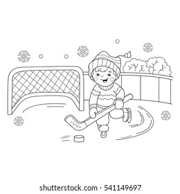 Coloring Page Outline Of cartoon boy playing hockey. Winter sports. Playground. Coloring book for kids