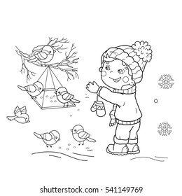 Coloring Page Outline Of cartoon boy feeding birds. Bird feeder. Winter. Coloring book for kids