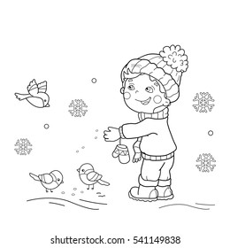 Coloring Page Outline Of cartoon boy feeding birds. Winter. Coloring book for kids