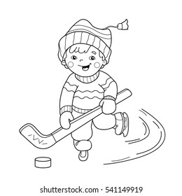 Coloring Page Outline Of cartoon boy playing hockey. Winter sports. Coloring book for kids