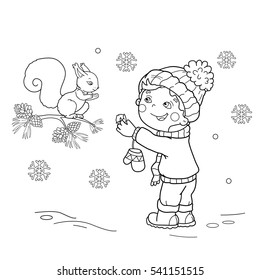 Coloring Page Outline Of cartoon boy feeding a squirrel. Winter. Coloring book for kids