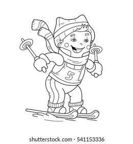 Coloring Page Outline Of cartoon boy riding on skis. Winter sports. Coloring book for kids