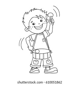 Coloring Page Outline Of cartoon Boy playing the drum. Musical instruments. Coloring book for kids