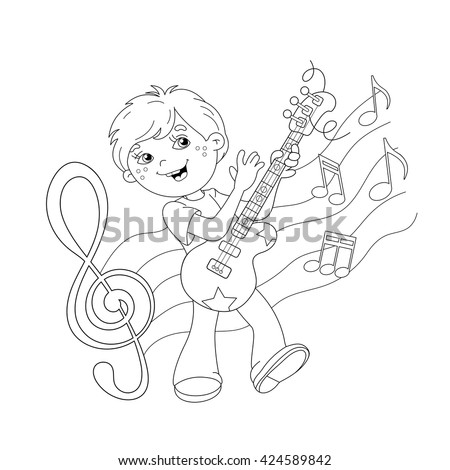 Coloring Page Outline Of Cartoon Boy Playing Guitar On Stage With Melody And Music