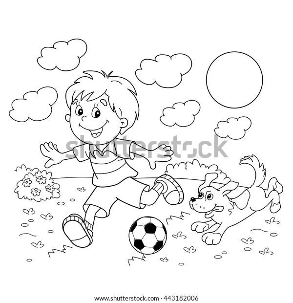 Coloring Page Outline Of cartoon\
boy with a soccer ball with dog. Football. Coloring book for\
kids