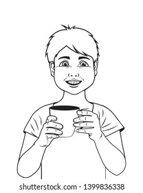 Coloring page outline of cartoon boyl. Coloring book for kids. Boy drinking tea. Daily routine. Vector illustration