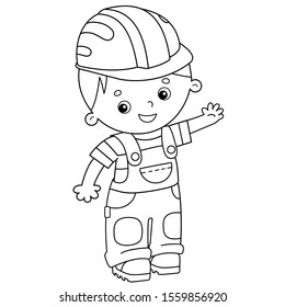 Coloring Page Outline of cartoon builder in hardhat. Profession. Coloring book for kids.