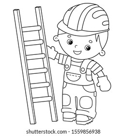 Coloring Page Outline Of Cartoon Builder With Step Ladder. Profession. Coloring Book For Kids.