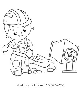 Coloring Page Outline of cartoon builder with shovel and concrete mixer. Profession. Coloring book for kids.