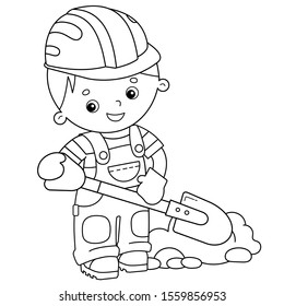 Coloring Page Outline of cartoon builder with shovel. Profession. Coloring book for kids.