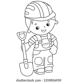 Coloring Page Outline of cartoon builder with shovel. Profession. Coloring book for kids.