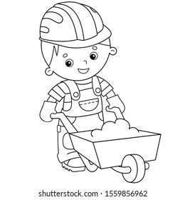 Coloring Page Outline Of Cartoon Builder With Handcart. Profession. Coloring Book For Kids.