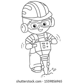 Coloring Page Outline of cartoon builder with jackhammer. Profession. Coloring book for kids.