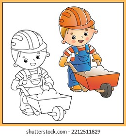 Coloring Page Outline of cartoon builder or worker with hand cart. Profession. Coloring book for kids.