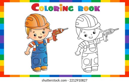 Coloring Page Outline of cartoon builder or worker with drill. Profession. Coloring book for kids.