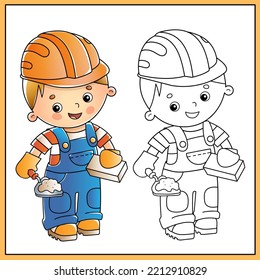 Coloring Page Outline of cartoon builder or worker with cement mortar and trowel. Profession. Coloring book for kids.