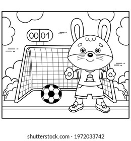 Coloring Page Outline Of cartoon bunny or hare playing  soccer. Football game. Coloring Book for kids.