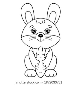 Coloring Page Outline Of cartoon bunny or hare with carrot. Coloring Book for kids.