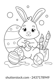 Coloring Page, outline of cartoon bunny painting Easter eggs. Line art for Easter. 