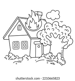 Coloring Page Outline Of cartoon burning house. Fire or flame. Coloring Book for kids.