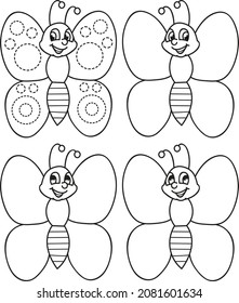 Esquema de la página de color de las mariposas de dibujos animados. Ejercicio educativo, hoja de trabajo preescolar para la práctica de finas habilidades motoras, traza de líneas discontinuas, ilustraciones vectoriales coloridas, libro de coloración para niños.