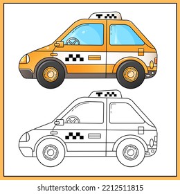 Esbozo De La Página De Colores Del Coche De Caricatura. Taxi. Transporte de imágenes o vehículo para niños. Libro de colorear para niños.  