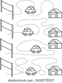 Coloring page outline of cartoon cars. Educational exercise, preschool worksheet for practicing fine motor skills, tracing dashed lines, colorful vector illustration, coloring book for kids.